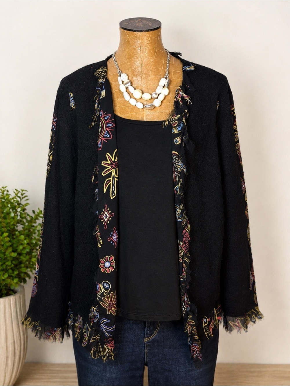Chico’s Design Black Silk Wool Blend Cardigan Jacket Size 2 L Boho